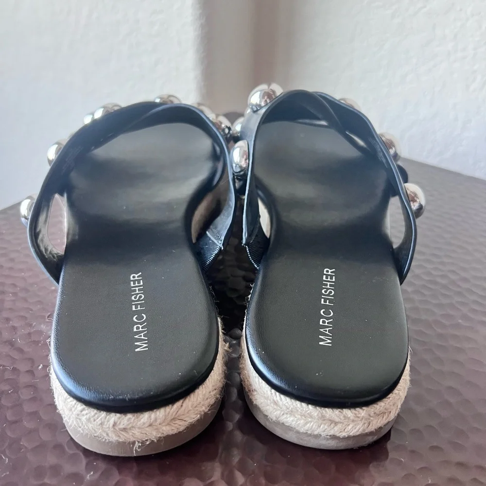Marc Fisher Prisca Ball-Studded Espadrille Slide Sandals Black Leather | Size 11